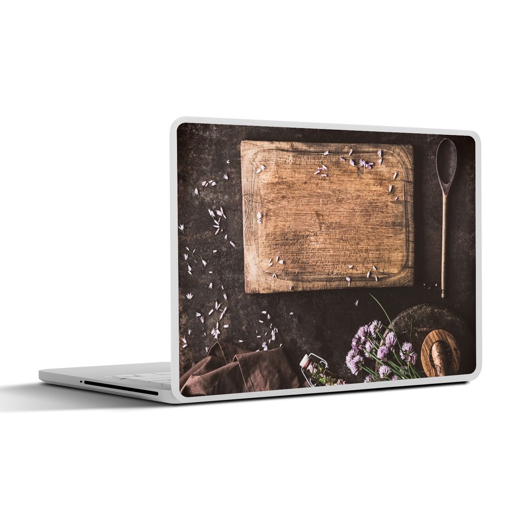 MuchoWow Laptop Aufkleber Sticker Cover Schneidebrett - Kräuter - Löffel - Küche - Rustikal - Mörser - Schnittlauch 30x22 cm - Laptop-Sticker
