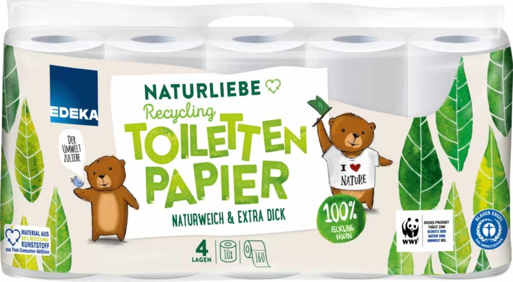 Edeka Recycling Toilettenpapier 4-lagig (10 Rollen x 200 Blatt) + usy Block