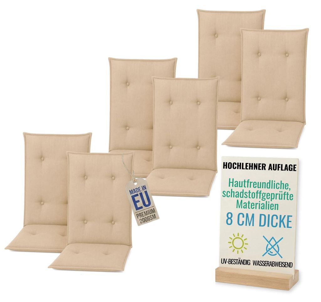 Pillows24 - 6x Hochlehner Auflagen 120x50x8 cm | Gesteppte Wetterfeste Gartenstuhlauflagen | Sitzkissen für Gartenmöbel | EU | Cappuccino