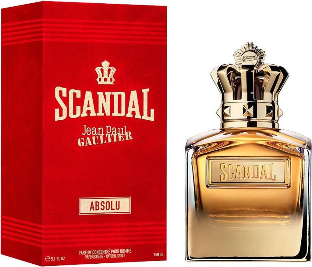 A product shot of Jean Paul Gaultier Scandal Absolu for Him perfume and its packaging.