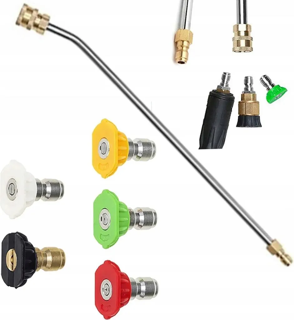 Rosfix Set con 5 Ugelli Ad Attacco Rapido per Idropulitrici (0°, 15°, 25°, 40°, 60°) + Lancia per Idropulitrice 1/4” 34cm Curva 30°