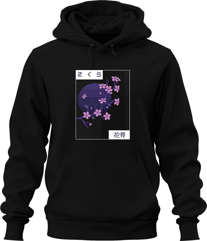 Kirschblüten Sakura さくら 花見 Hanami Japan Retro Vaporwave Nacht Uni Hoodie Kapuzenpullover, Schwarz, XXL