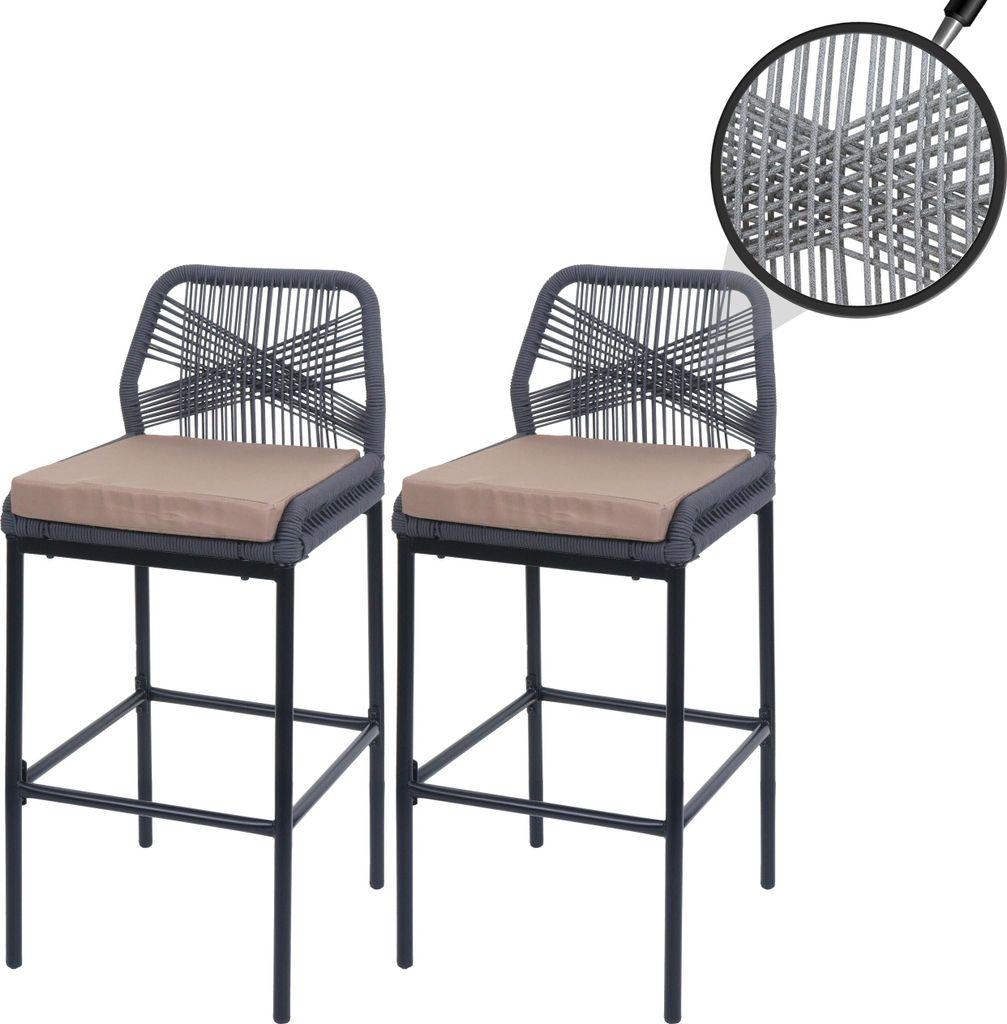 2er-Set Rope-Barhocker HWC-O21, Outdoor Sitzpolster Seilgeflecht Metall anthrazit, Kissen taupe