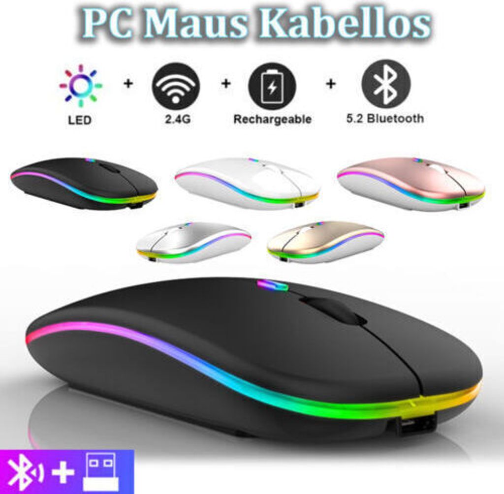 PC Maus USB Wireless Funkmaus Kabellos Funk für Computer Notebook Aufladbare 2,4GHz MAC leise Maus LED Gaming Maus