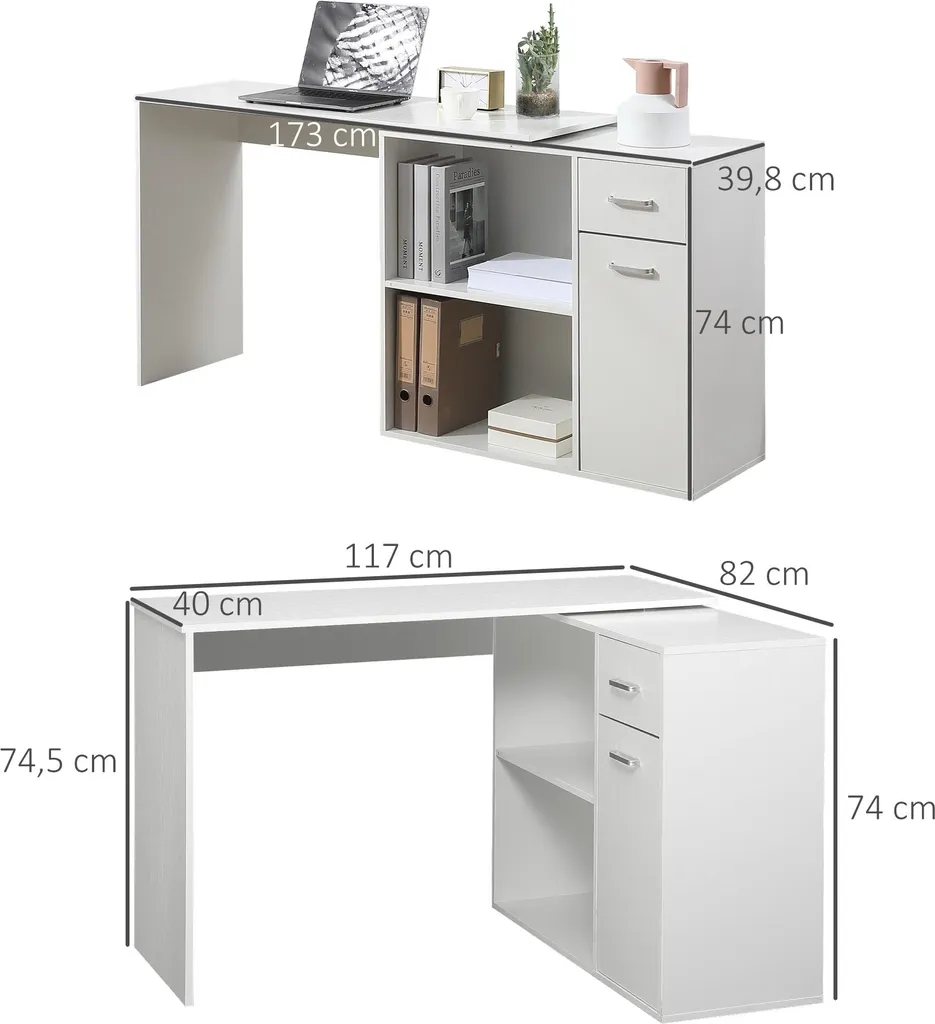 Bureau d'Angle Blanc 117 cm : Solution Gain de Place pour Rangement - 5