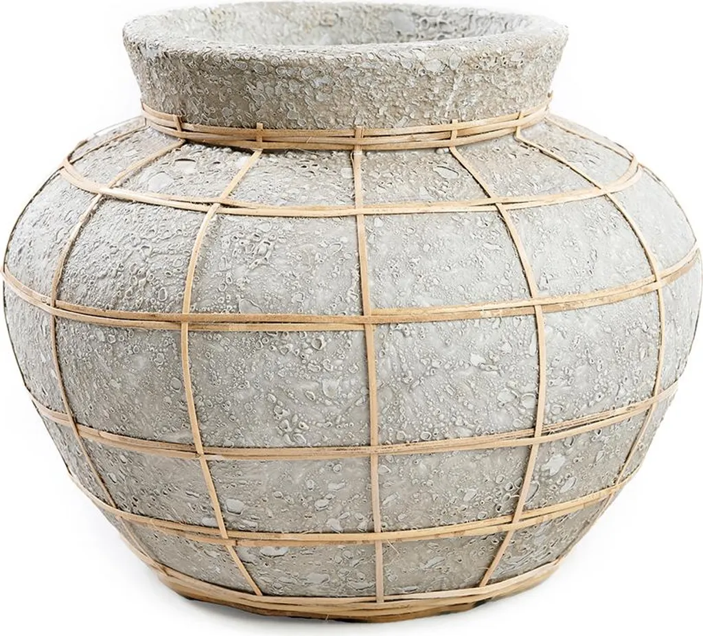 Vase en terre cuite et rotin bicolore marron et béton - 25x25x19cm