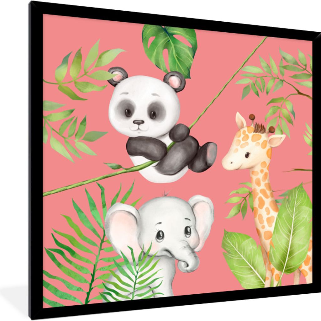 MuchoWow Gerahmtes Poster Dschungeltiere - Kinder - Rosa 40x40 cm - Poster mit Schwarzem Bilderrahmen Wandposter Rahmen Foto Bilder - Mit Rahmen ...