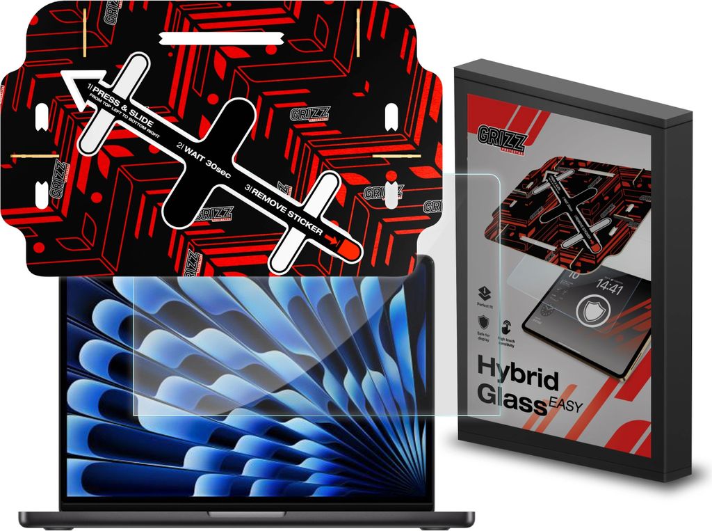 Bildschirmglas für MacBook Air 13.6" M4 2025, Grizz HybridGlass Easy mit App-Rahmen