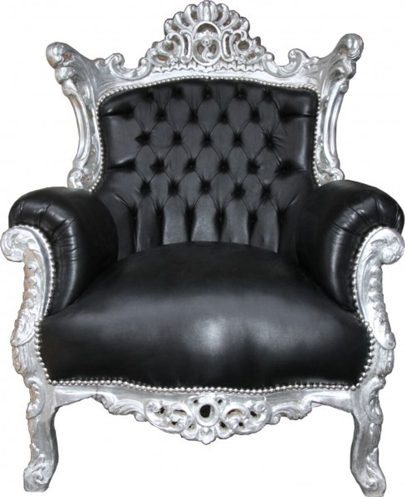 Casa Padrino Barock Sessel "Al Capone" Schwarz Lederoptik/ Silber Mod1 - Antik Stil