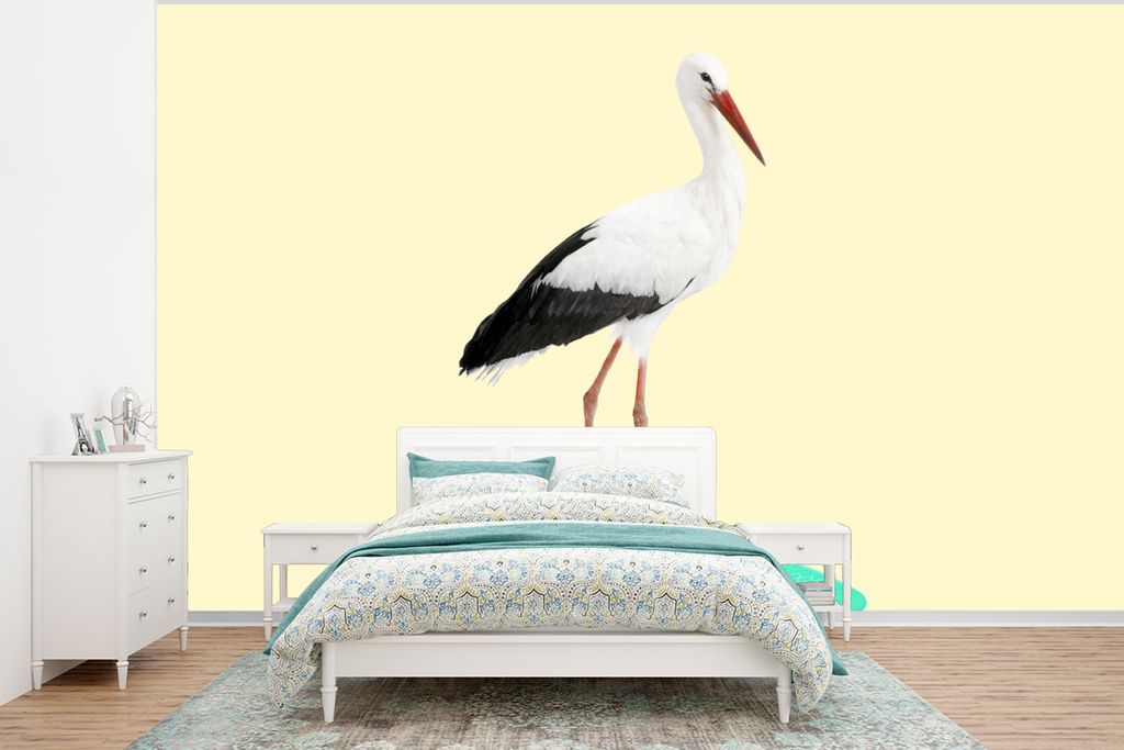 MuchoWow Fototapete für Wohnzimmer oder Schlafzimmer Wandtapete Vinyl Motivtapete Storch - Weiß - Tiere - Skateboard - Schwarz - 320x240 cm - T...