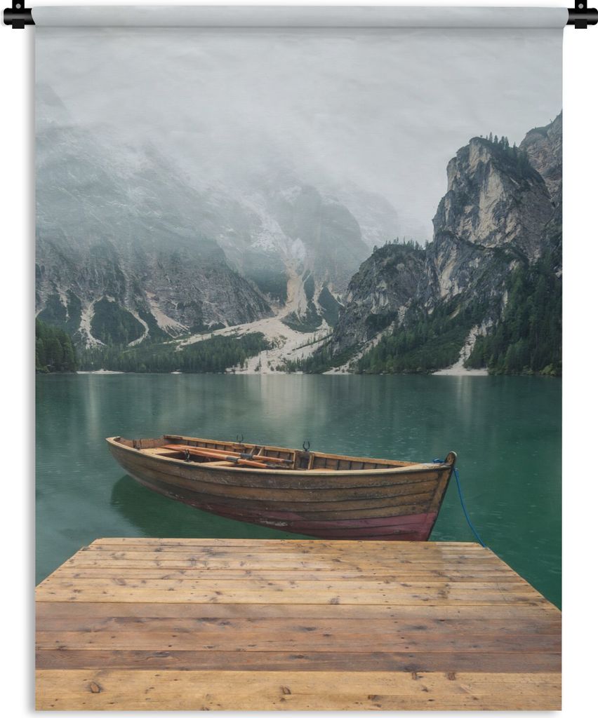 MuchoWow Wandteppich Wandbehang Nebel - Schnee - Berg - Boot 150x200 cm Tapisserie Dekoration Wandtuch - Wandaufhängung - Moderner