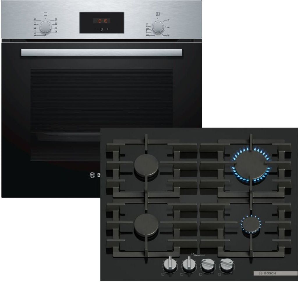 Herdset BOSCH Backofen Schnellaufheizung Teleskopauszug + Gaskochfeld FlameSelect autark 60cm