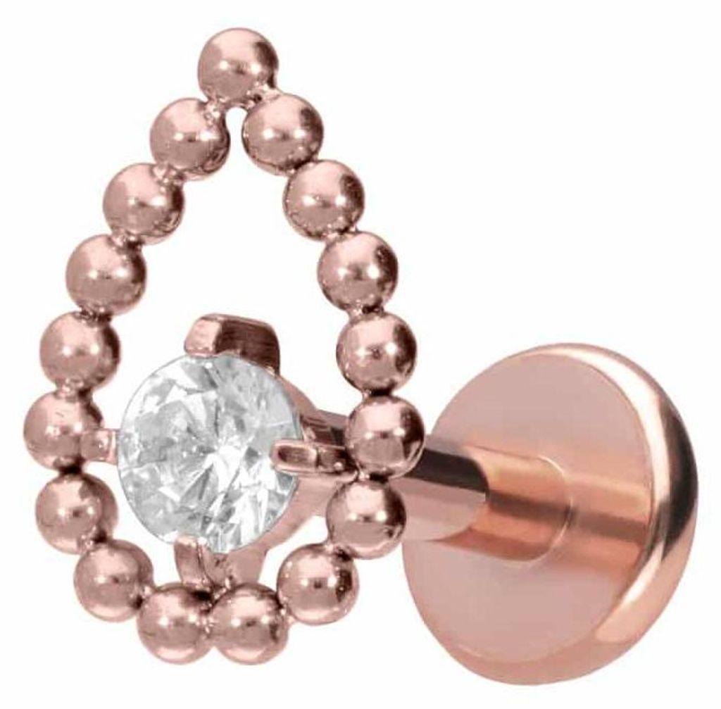 Ohrpiercing, Nasenpiercing Titan Labret mit Push Fit TROPFEN + KRISTALL RoséGold Stablänge: 8mm | Stabstärke: 1,2mm