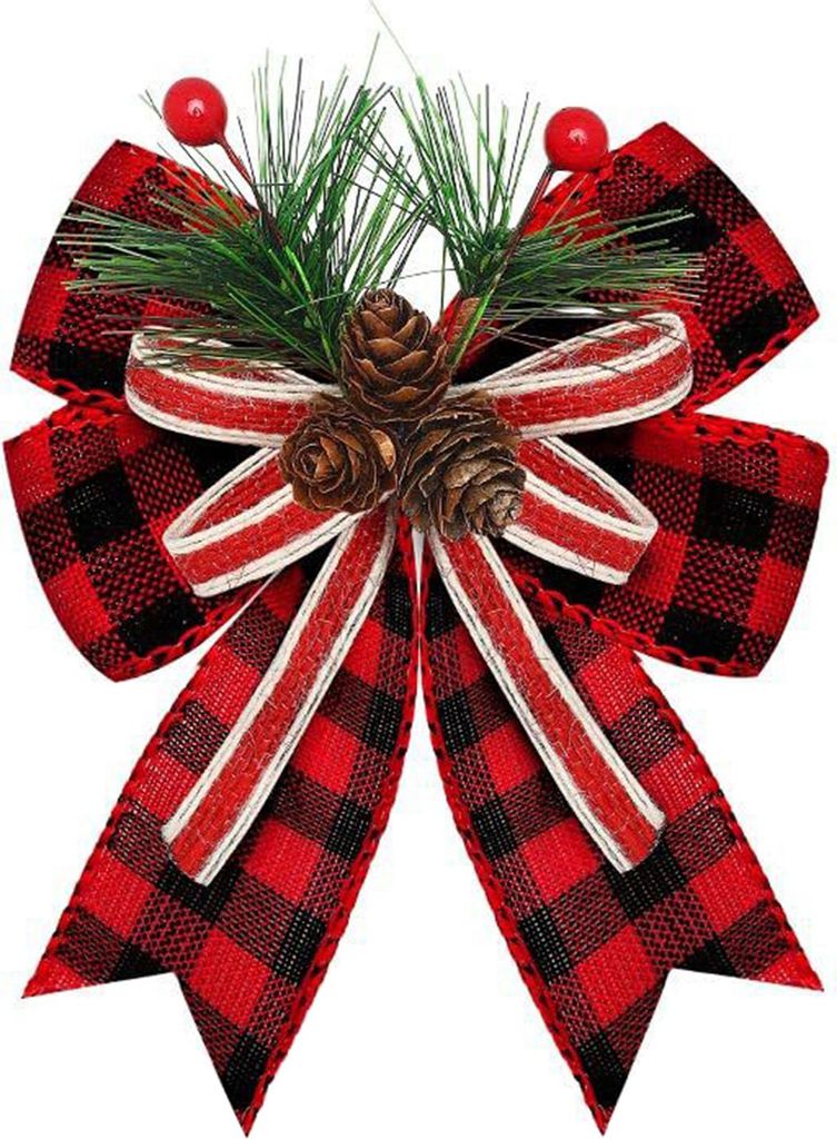 Weihnachtliche Schleife aus Jute mit Karomuster, verziert mit Tannenzapfen und Tannennadeln. Große Schleife im Büffelkaromuster für Weihnachtskr...