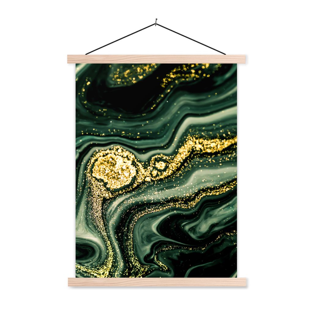 MuchoWow Textilposter Marmor - Gold - Glitter - Grün - Marmoroptik - Luxus 120x160 cm mit holzfarbenen Rahmen - Plakatkarton