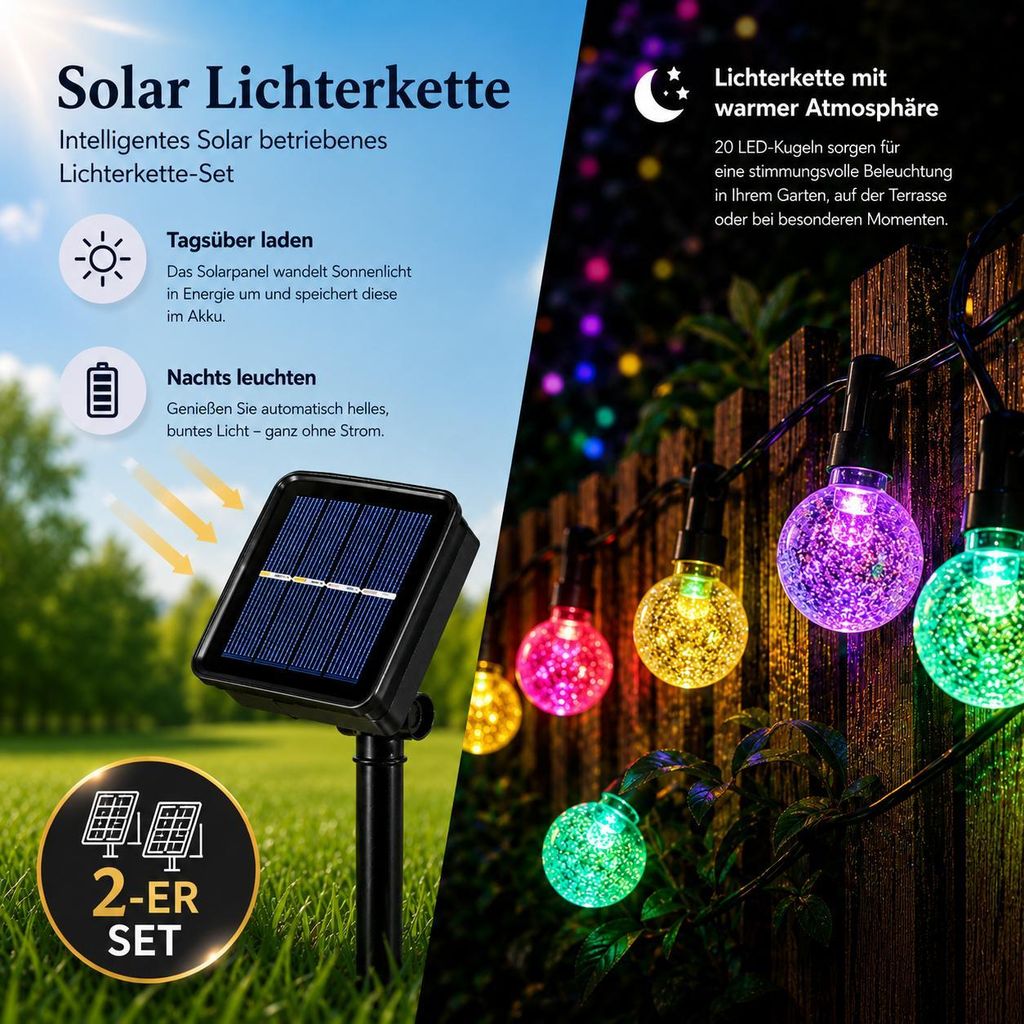 2x Solar Lichterkette 5m - 20 LED Kristallkugel, bunt, Produktbild 