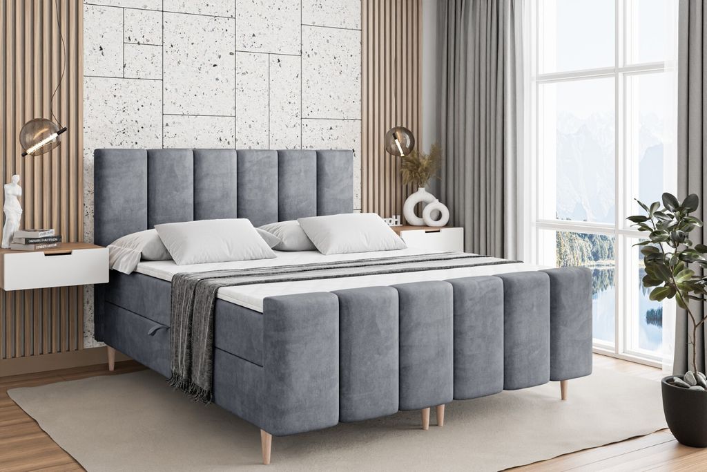 ALTDECOR Boxspringbett mit Holz Füßen, Matratze und Lattenrost, Topper, Fußteil, Polsterbett mit Bettkasten, Bett mit Stauraum H4-Matratze, Dopp...