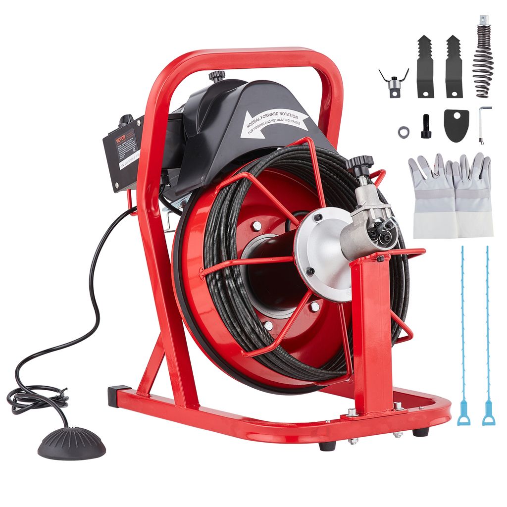 A red and black electric drain cleaning machine with a coiled cable and various attachments is displayed against a white background.