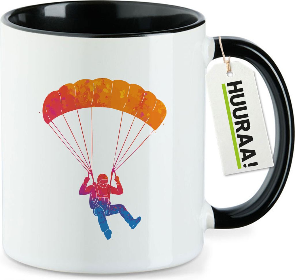 Huuraa Kaffeetasse Fallschirmspringen bunte Silhouette 330ml Schwarz Keramik Kaffeebecher Geschenkidee