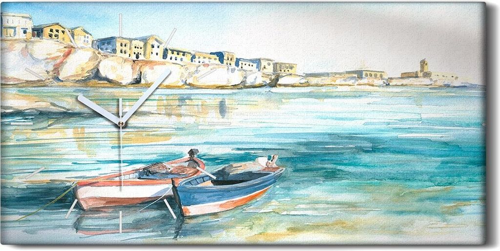 Leinwand Uhr Küche Wohnzimmer Bild 60x30 Boot in der Bucht Aquarell bemalt - weiße Hände