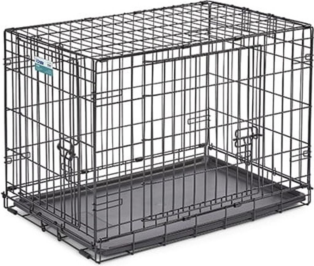 A black wire dog crate with a gray plastic tray is shown from a slightly elevated side angle against a white background.