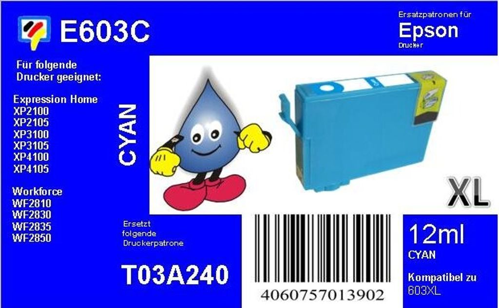 603XL - cyan - TiDis Druckerpatrone mit 12ml Inhalt - ersetzt T03A240