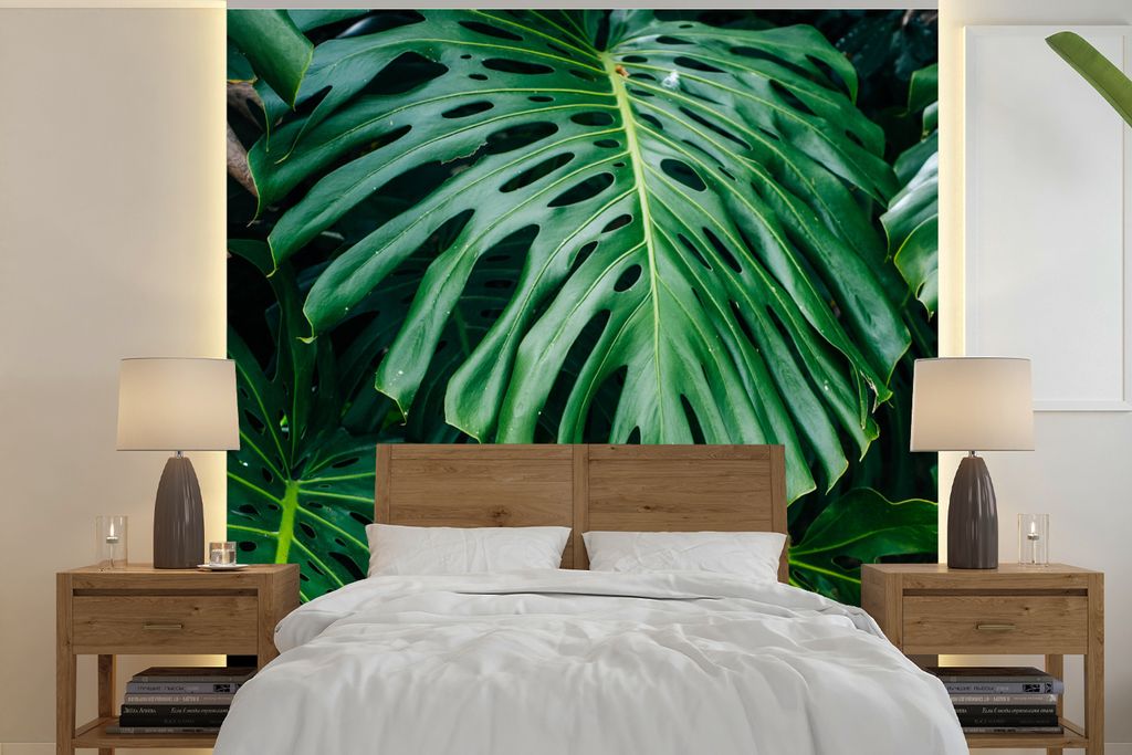 MuchoWow Fototapete für Wohnzimmer oder Schlafzimmer Wandtapete Vinyl Motivtapete Dunkelgrüne botanische Blätter in einem Garten - 350x350 cm ...