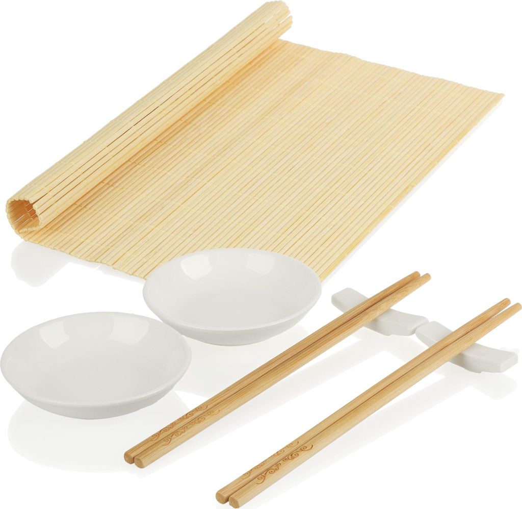 com-four 7-teiliges Sushi-Set mit Stäbchen, Schälchen, Rollmatte und Stäbchen-Ablage - schönes Servier-Set - Küchenzubehör - mit Schälchen...