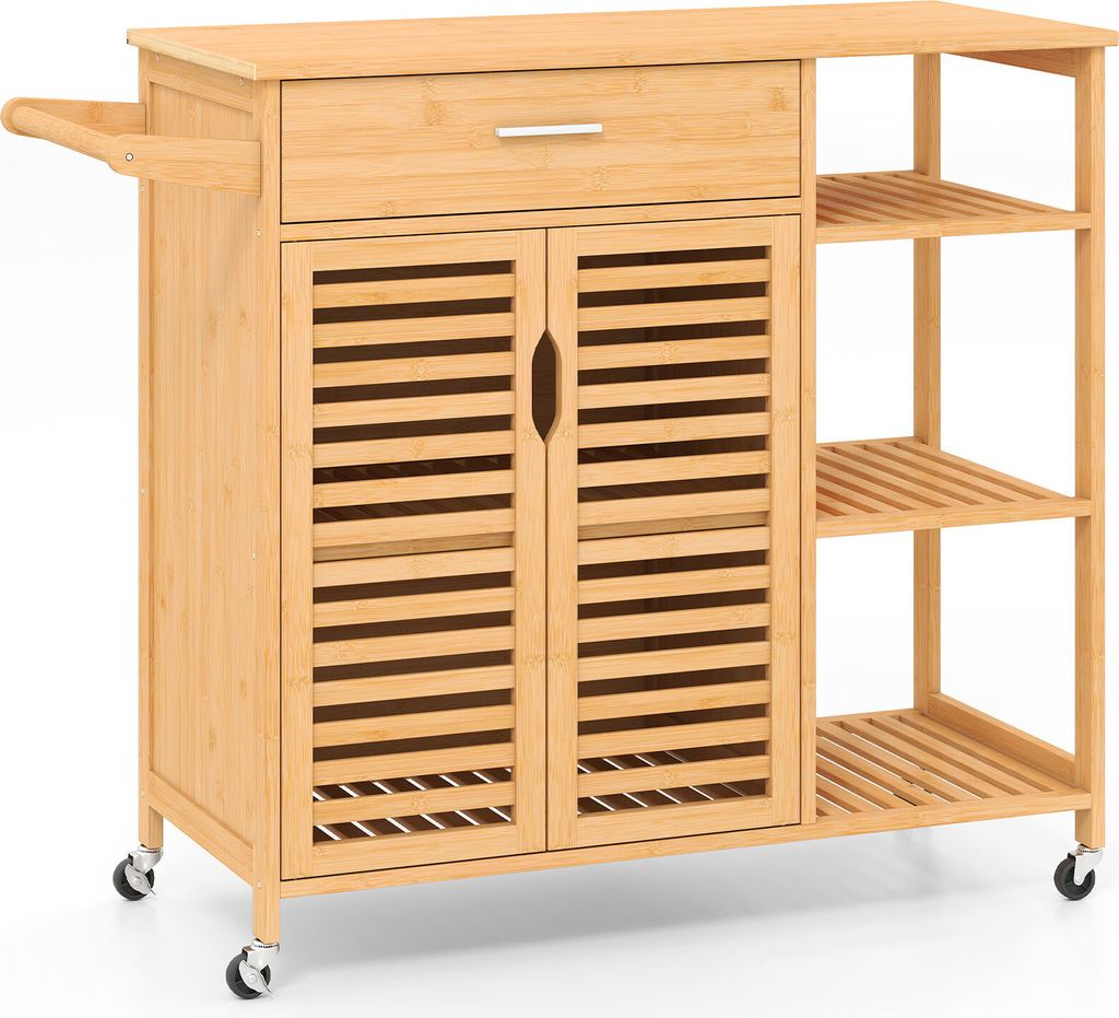 A bamboo kitchen cart with a drawer, cabinet doors, and open shelves, shown against a white background.