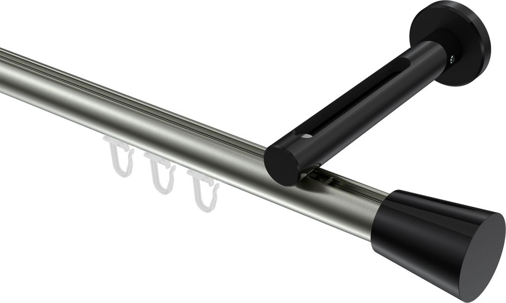 Interdeco Innenlaufstange / Gardinenstange mit Innenlauf Edelstahl-Optik / Schwarz, Typ Siteno Sitra (Konus), 20 mm Ø 1-läufig, 220 cm