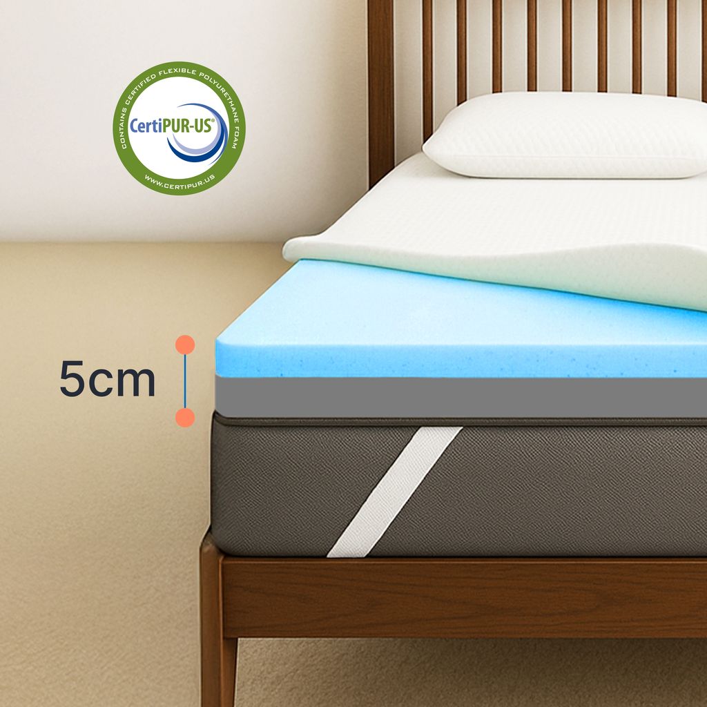 A close-up view of a mattress topper with multiple layers, placed on a bed frame. A pillow is visible on top of the topper.