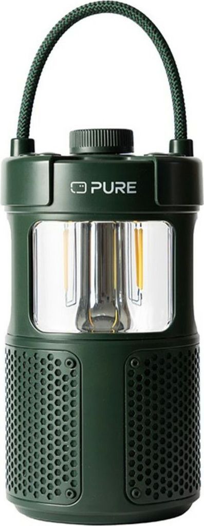 A dark green portable speaker with a clear central section showing the LED light.