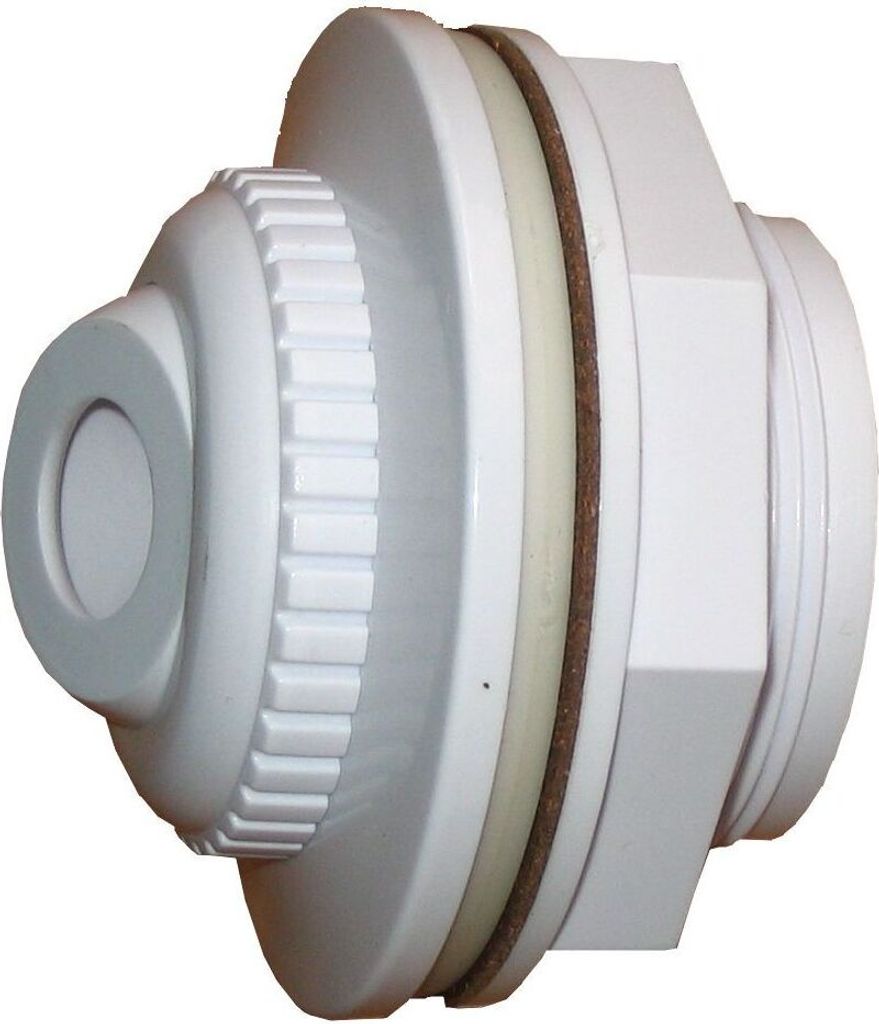 A white plastic inlet nozzle for a pool or tank, with gaskets and a threaded connection.