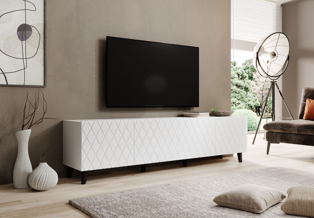 TV Lowboard Fernsehschrank Fernsehtisch ASTI weiß matt 200x52x42cm