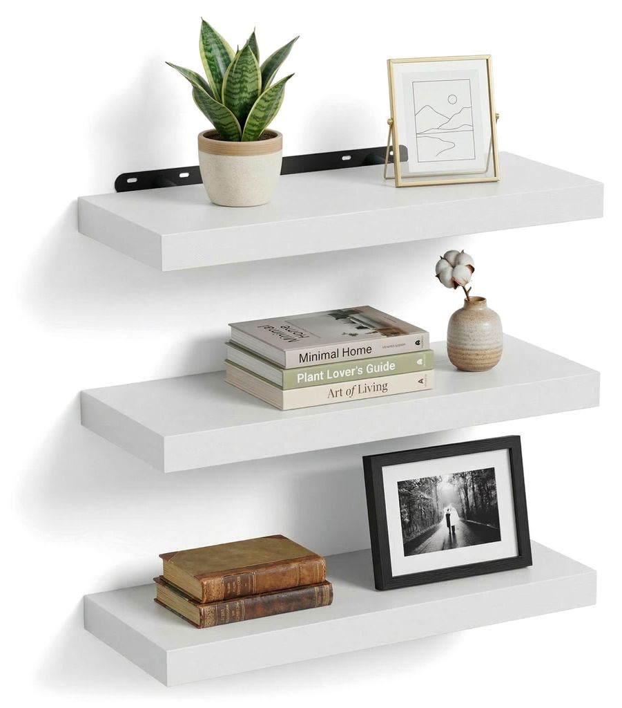 Relaxdays Wandplanken, set van 3, wit-zwart Productafbeelding 