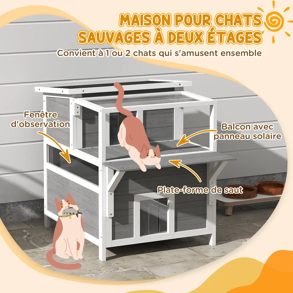 Cabane chat PawHut résistante intempéries bois gris toit ouvrant - 4
