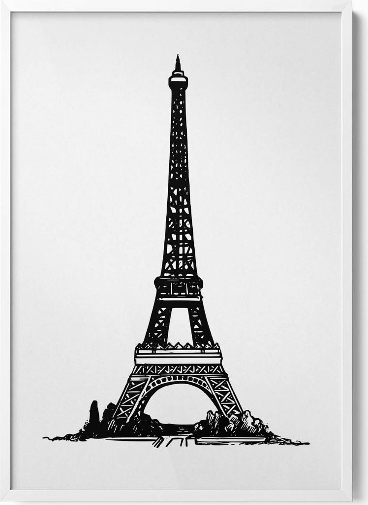 Illustration des Eiffelturms– Wandbild mit Rahmen – Gerahmtes Bild – Wanddekoration – 70x100 cm – Weiß Rahmen