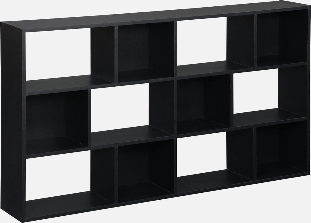 A black modular bookshelf with 12 compartments arranged in a 3x4 grid.