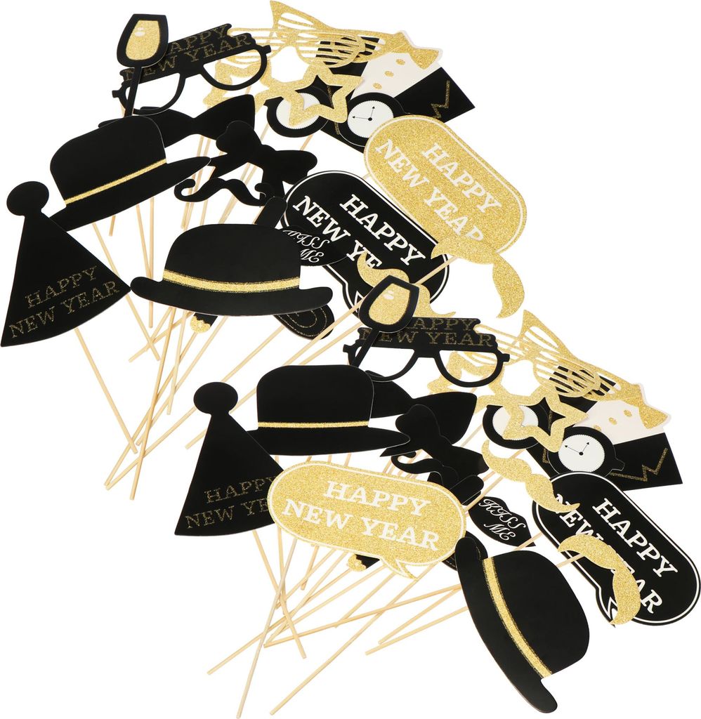 com-four 40-teiliges Silvester Requisitenset - Fotokabinen Requisiten aus Karton - Accessoire für Silvester - Masken in schwarz und goldfarben
