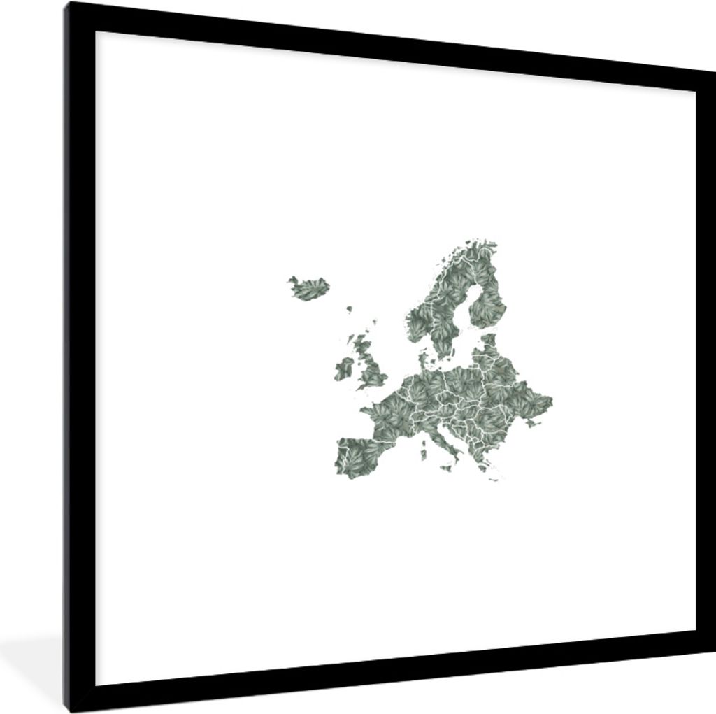MuchoWow MuchoWow Gerahmtes Poster Europa Karte - Blätter - Grau 40x40 cm - Poster mit zchwarzem Bilderrahmen - Poster - Plakat im Rahmen
