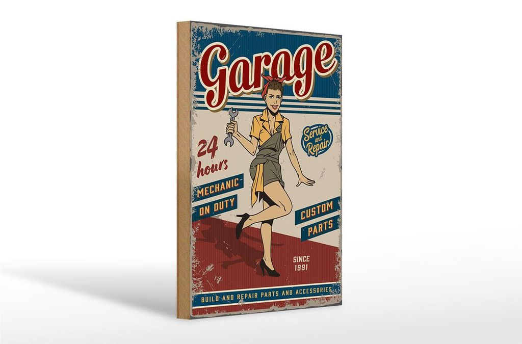 Holzschild Retro 20x30cm Pinup Garage 24 hours repair Auto