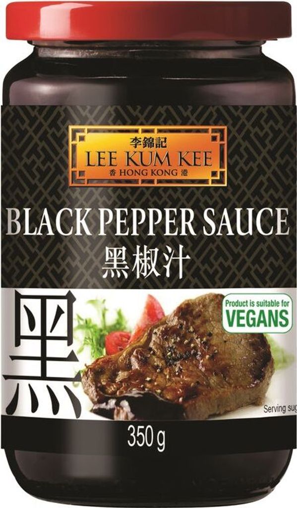 A jar of Lee Kum Kee Black Pepper Sauce with a steak on the label.