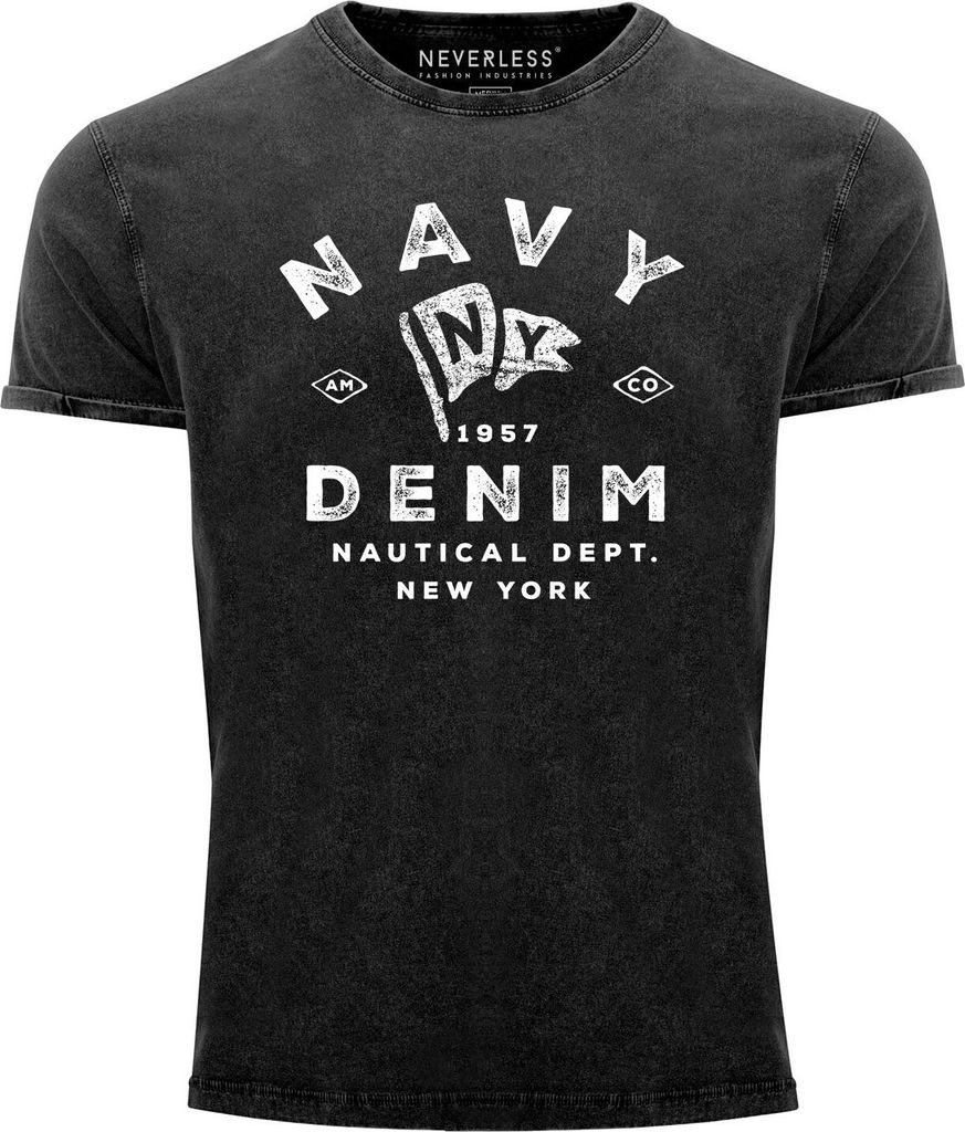 Herren Vintage Shirt Retro Motiv Schriftzug Navy Denim Nautical New York Vintagedesign Printshirt T-Shirt Aufdruck Used Look Neverless schwarz L