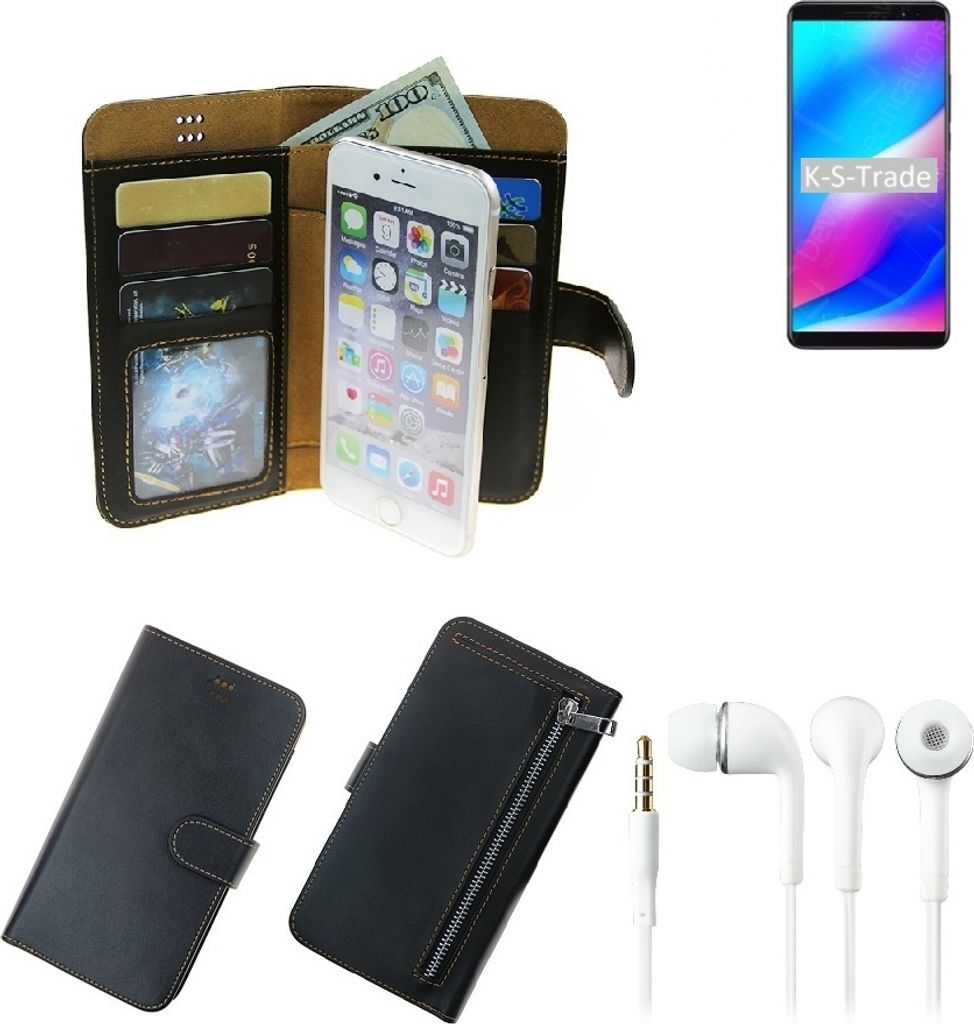 TOP SET Handy Hülle Schutz Hülle kompatibel mit Blackview Max 1 schwarz aus Kunstleder + Kopfhörer Smartphone Tasche vollwertige Geldbörse