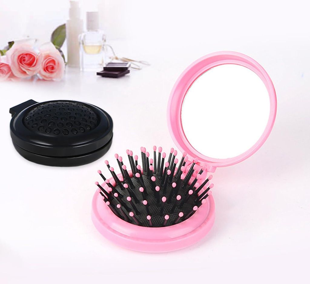 Allecto Premium - Haarbürsten Set von 2, Faltbar mit Spiegel, Reisebürste, Make-up Bürste, Mädchen, Rosa + Schwarz