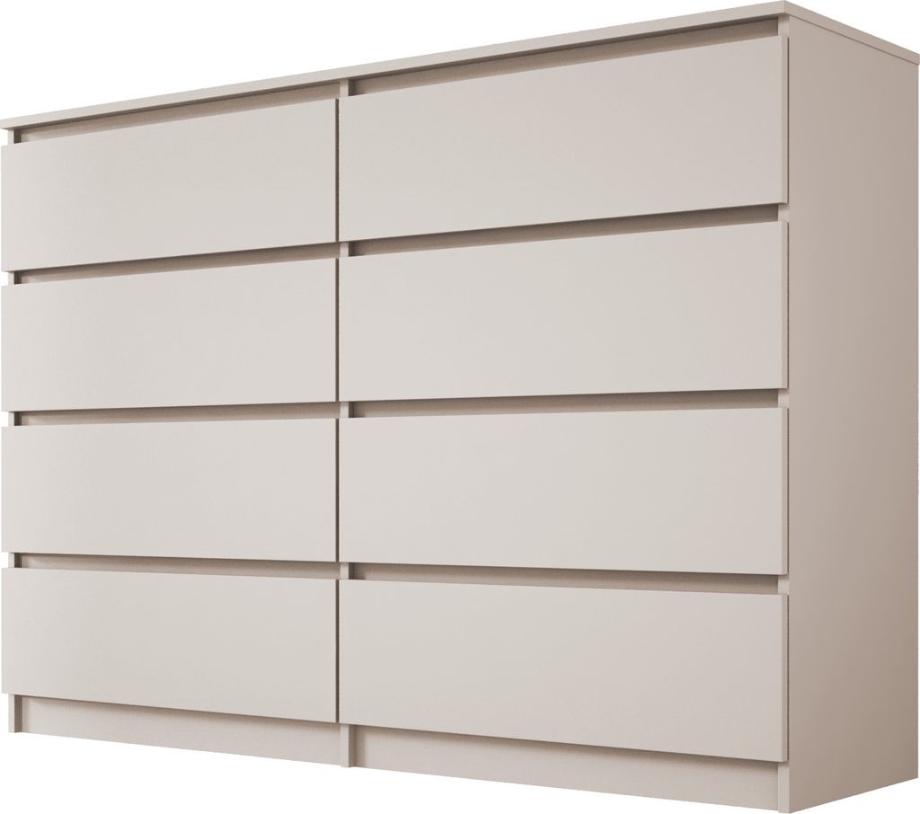 A light gray dresser with eight drawers against a white background.