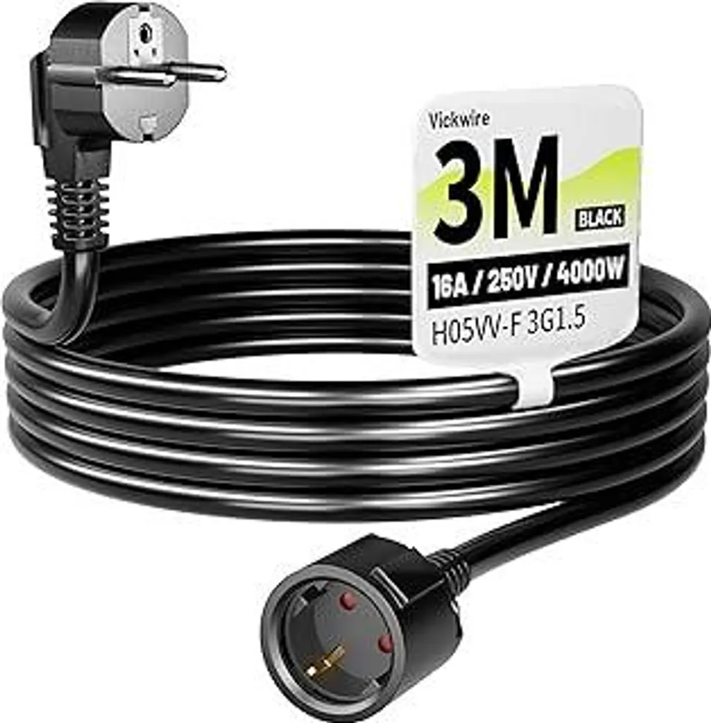 Prolunga Nera 3m Schuko 16A - Cavo Alta Potenza 3500W H05VV-F 3G1.5