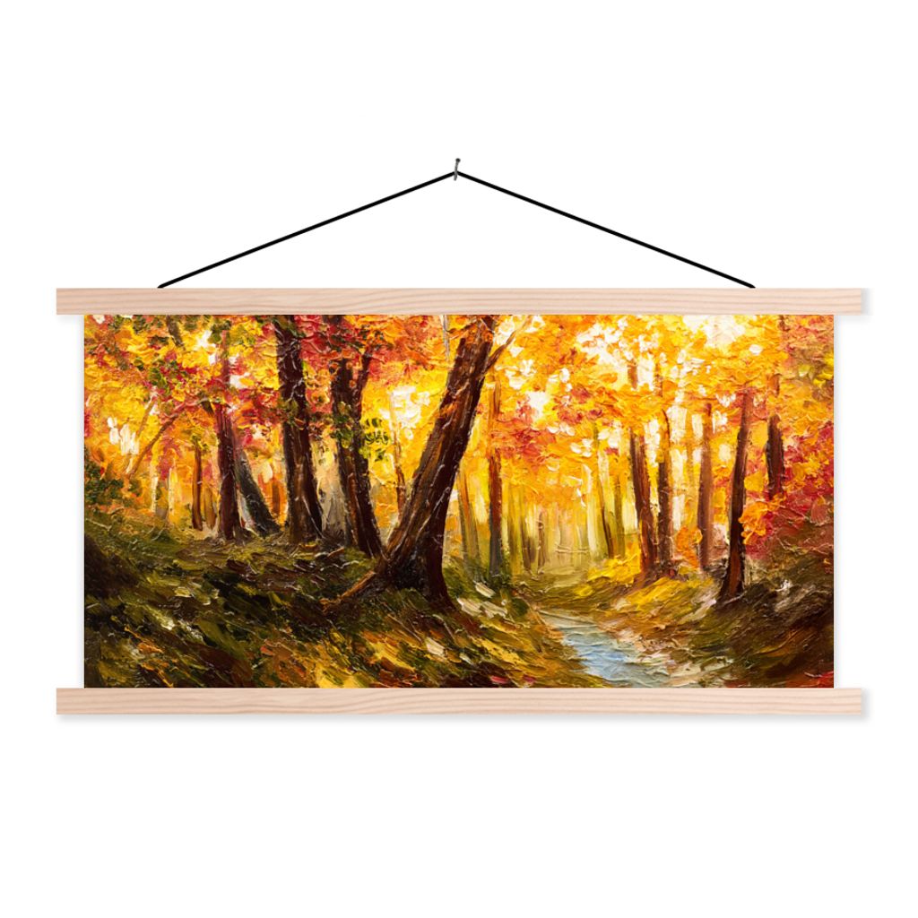 MuchoWow Textilposter Gemälde - Herbst - Wald - Ölgemälde 60x30 cm mit holzfarbenen Rahmen - Dekoration