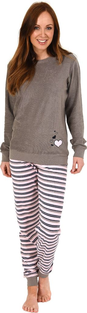 Eleganter Damen Frottee Pyjama Schlafanzug mit Bündchen und Herz Motiv - 291 201 13 570 ; grau , 40