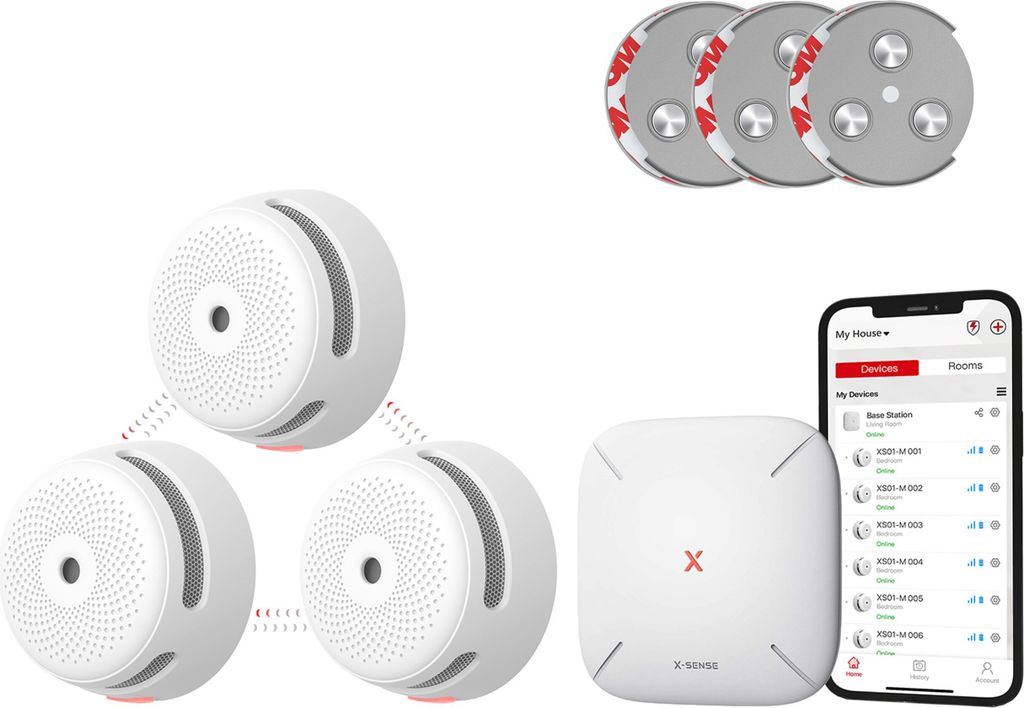 A product shot of a smart smoke detector bundle, including three smoke detectors, a base station, a smartphone displaying an app interface, and mounting accessories, all arranged on a white background.